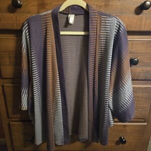 Sharon Max Striped Open-Front Knit Cardigan Sweater - Purple/Brown/Gray. SZ XL